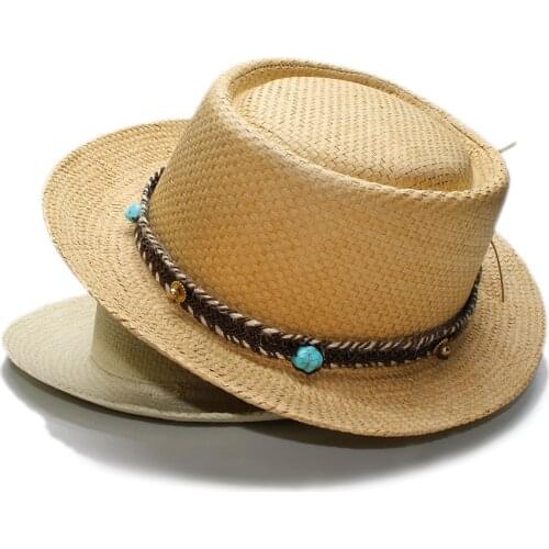 Women Men Summer Fashion Raffia Straw Pork Pie Pork-pie Sun Hat Beach Travel Outdoor Boater Cap Turquoise Braid Band 57-60cm