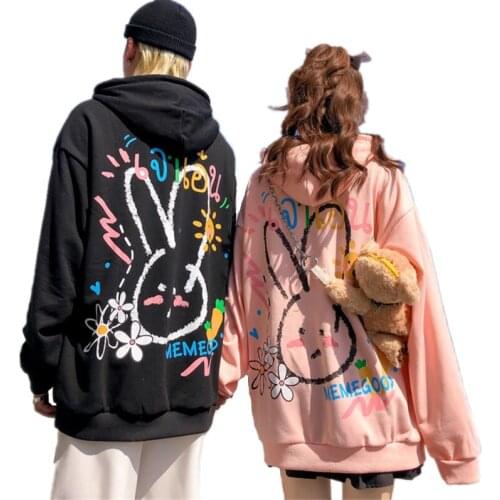 Autumn Winter Cartoon Rabbit Print Hoodies Hip Hop Oversized Casual Hooded Sweatshirt Unisex Couple Matching Pullover Streetwear