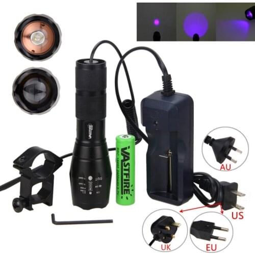 UV Ultra Led Hunting Light Tactical Violet Purple Blacklight Flashlight+18650 Battery+Charger+Gun Scope Mount+Remote Switch