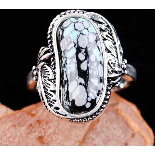 Vintage Boho Big Geometric Stone Ring Antique Silver Color Rings for Women Personality Ring Turkey Indian Party Jewelry Gift