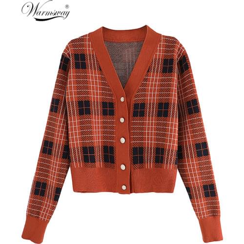 Vintage V-Neck Long Sleeve Women Plaid Sweater 2021 Spring Short Knitted Cardigan England Style Chic Tops Ladies Outerwear C-163