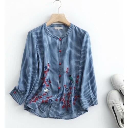 Embroidery striped denim shirt women summer spring soft jeans shirt long sleeves light blue casual loose shirt tops cotton
