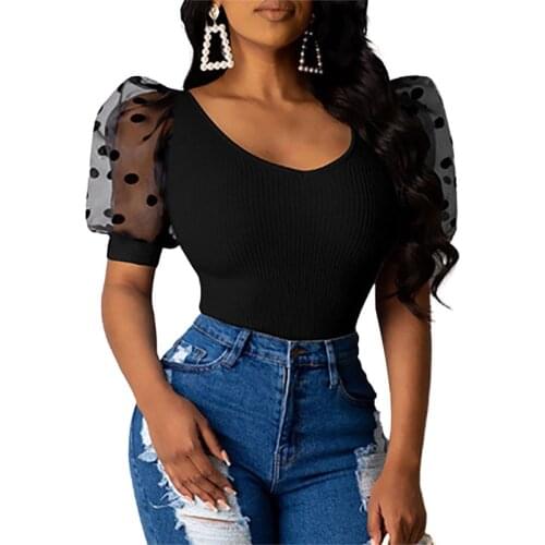 Women T-shirt Short Puff Sleeve Polka Dot Printed Skinny Elegant Fashion Round Neck Pullover Stylish T-shirt