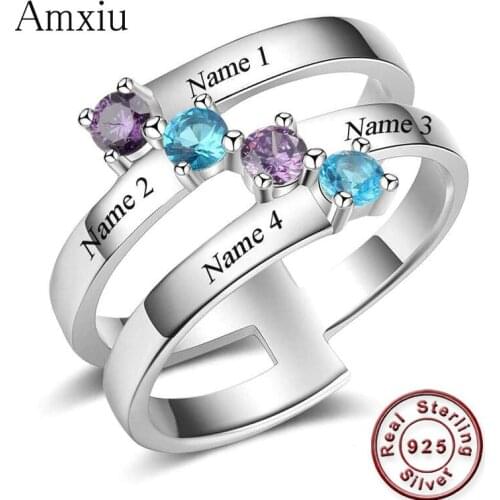 Amxiu Custom 925 Sterling Silver Large Wide Ring Jewelry Engrave Four Names Rings For Women Name Accessories Cubic Zircon Rings