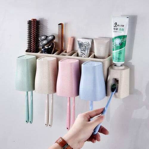 4 pcs Creative Wheat Toothbrush Holder With Toothpaste Set Toothbrush Storage Box Automatic Toothpaste Bathroom Accessories