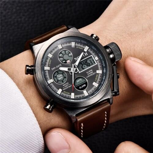 NORTH Mens Watches Top Brand Luxury Leather Casual Analog Quartz Watch Men Digital LED Military Sport Watch Relogio Masculino