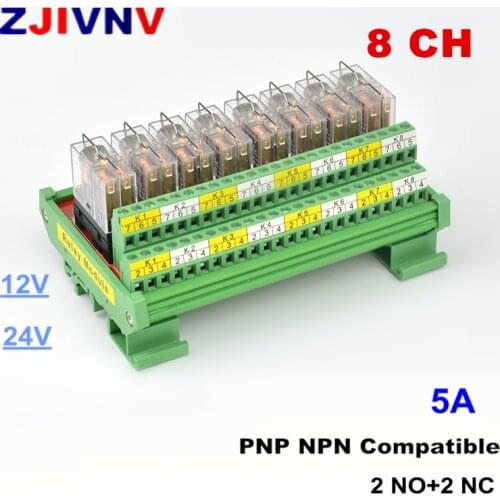 DIN Rail Mount 8 channels 5A DPDT Relay Module 2 NO+2 NC Original OMRON G2R-2 DC12v relay 24V PLC Signal Isolation Amplifier