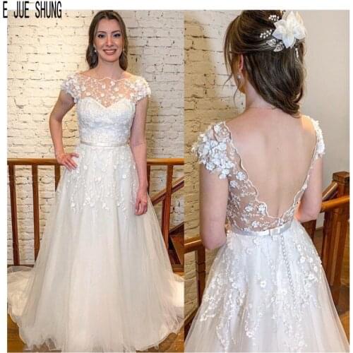 E JUE SHUNG Chic Backless Wedding Dresses Scoop Neck Short Sleeves Floral Appliques A Line Summer Bride Dresses robe de mariee