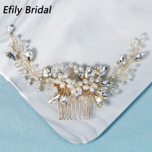 Efily Bridal Wedding Hair Accessories Pearl Flower Hair Combs Clips for Women Crystal Bride Headpiece Bridesmaid Party Jewelry