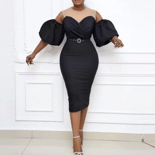 Elegant black dress open shoulder african women bodycon slim fit sexy mesh patchwork see through female midi party office dress