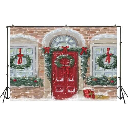 HUAYI Photography Backdrop Christmas Holiday Family Cartoon Red Barn Door Wreaths Birthday Child Studio Photo Background W-3553