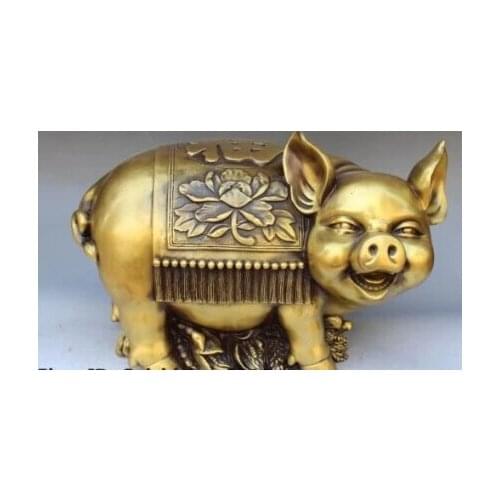 RHS0220 14" Chinese Bronze Carving Animal Zodiac Year Pig Wealth Money Saving Box Statue