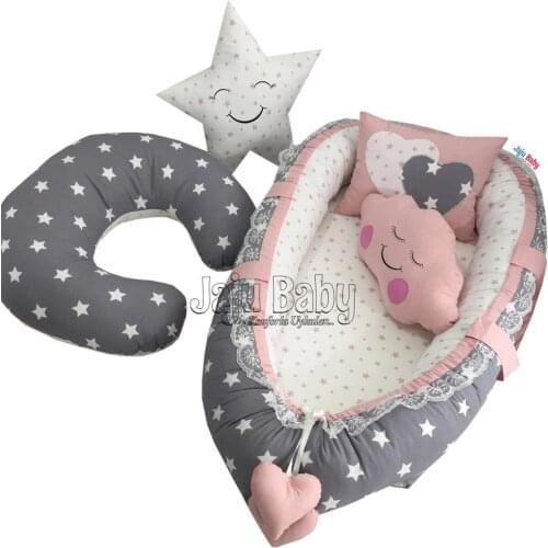 Jaju Baby Hand Made Babynest Gray Star Luxury Orthopedic Baby Nest and Breastfeeding Pillow 5 Piece Bedding Set
