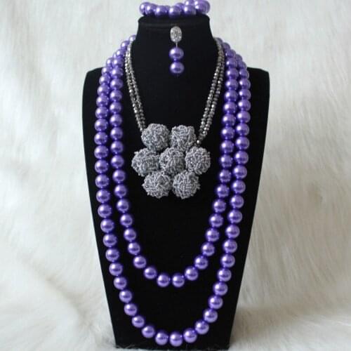 Dudo Purple Shell African Jewelry Set Silver Beaded Balls Long Design For Nigerian Weddings Jewellery Necklace Set Bride