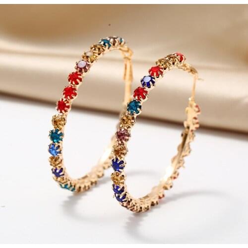 5-10cm Blend Colour Annular Earrings Round Woman Hoop Bohemia Jewellery Rhinestone Crystal C Shape Boutique Gift Party