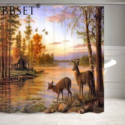 Elk Shower Curtain Deer Safair In Stream River At Forest Sunset Pattern Waterproof Multi-size Douchegordijn Bathroom Decor