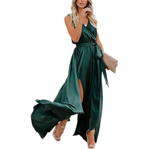 Womens Sleeveless Long Dress, Pure Color V-Neck Tie Up Split Loose Dresses, Casual Simple Style Sundress