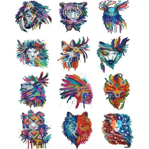 Rhinestone Wall Graffiti Stickers Stick Lion Tiger Wolf Animals Mosaic Diamond Paint Stickers Indian Toy For Children Cartoon