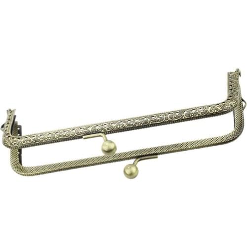 Bronze Tone Coins Purse Bag Rectangle Frame Kiss Clasps Lock Fermoir Handbag Handle Flower Pattern 15.5x7cm