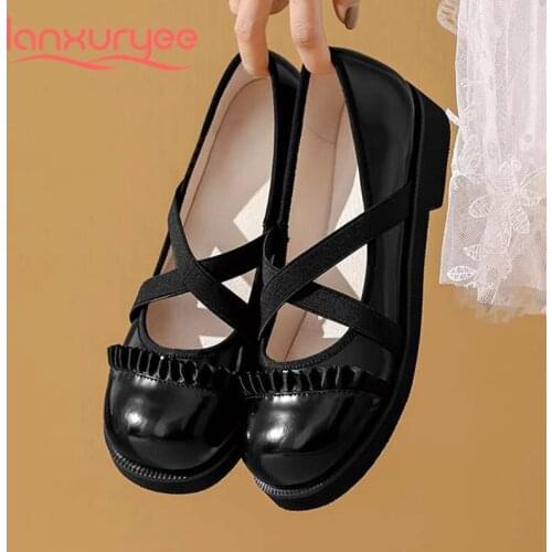 Lanxuryee Mary janes genuine leather round toe low heel comfortable brand shoes preppy style sweet girls basic women pumps L01