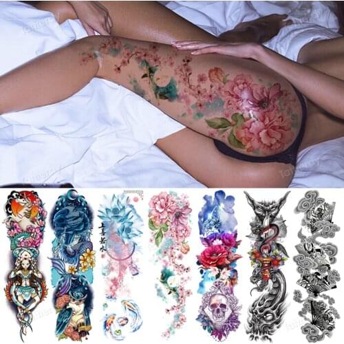 Temporary tattoo women custom peony lotus fish tattoo body leg thigh full arm sleeve tattoo stickers sexy waterproof big size