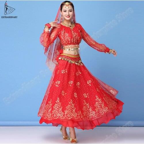 Bollywood Dress Costume Women Set Indian Dance Sari Belly Dance Outfit Performance Clothes Chiffon Top+Belt+Skirt