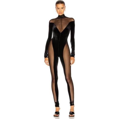 Elegant high quality sexy women 2021 sexy black lace round neck long sleeve bodycon bandage junpsuits Wholesale