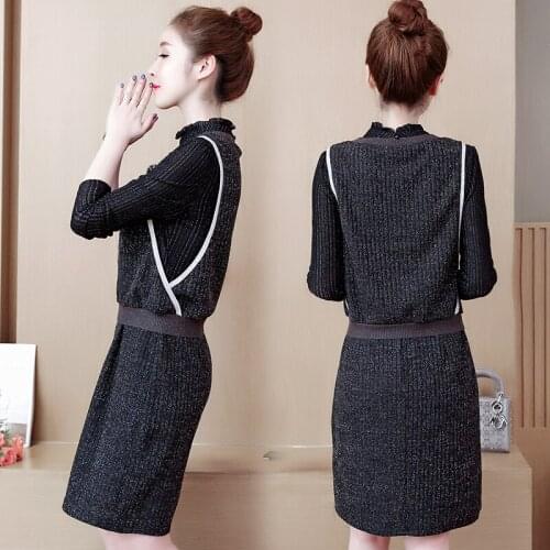 Autumn New Womens Knitted Two-Piece Sets Loose Sweater Dress + Vest Suits Female