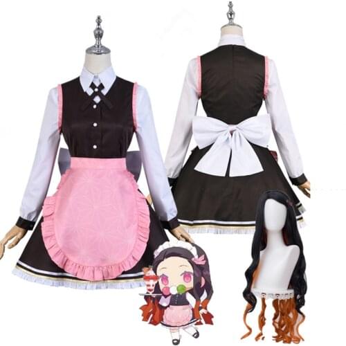 2021 Kimetsu no Yaiba/Demon Slayer maid cafe Kamado Nezuko cosplay Lolita Dress Cosplay Costume Women Wig plus bamboo tube