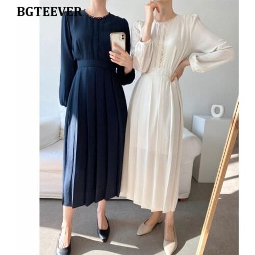 BGTEEVER New Autumn A-line Women Dress O-neck Long Sleeve Slim Waist Lace-up Female Pleated Dress Casual Ladies Vestidos
