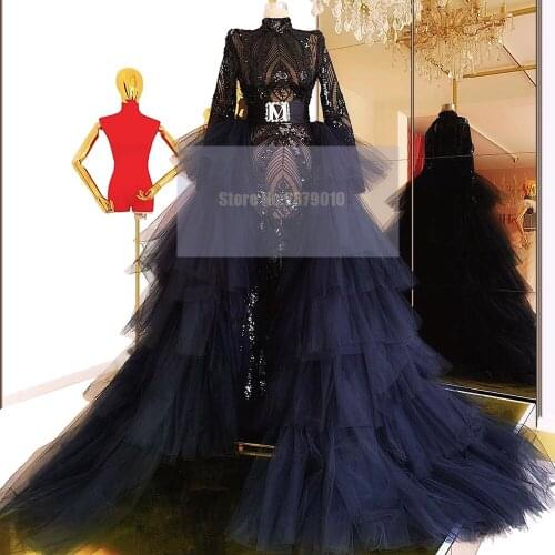Black High Neck Mermaid Evening Dress Detachable Train Sash Floor-Length Sparkly Sequins Prom Dress Middle East 2020 Dubai