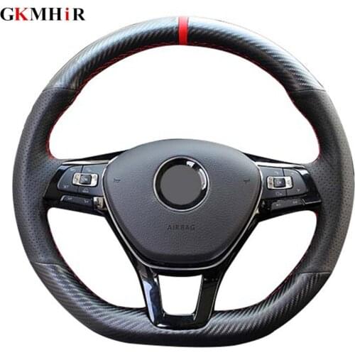 Black Genuine Leather Carbon Car Steering Wheel Cover for Volkswagen VW Golf 7 GTI Golf R MK7 VW Polo GTI Scirocco 2015-2020