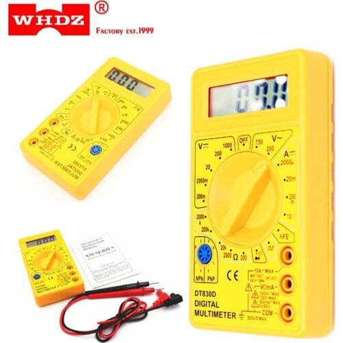 WHDZ DT 830D Mini Digital Multimeter with Buzzer Overload protection Voltage Ampere Ohm Meter Test Probe DC AC LCD Yellow