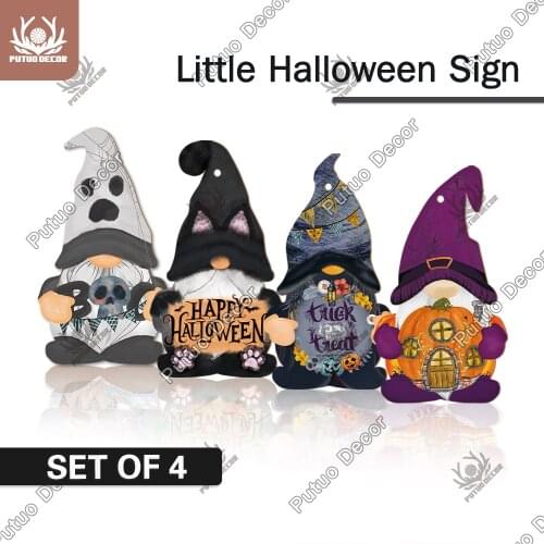 Putuo Decor 4PCS Halloween Gnome Wood signs Wooden Hanging Plaque Pumpkin Wood Plate for Trick or Treak Home Wall Decor Ornament