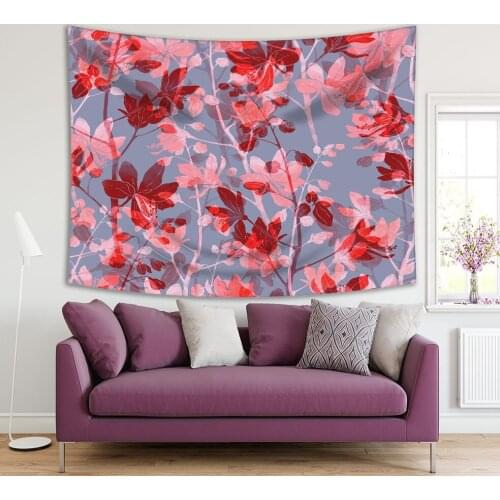 Tapestry Flowers Leaves Plant Branches of Foliage Summer Garden Night View Boho Chic Artwork Printed Red Pink Gray