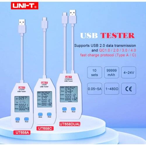 UNI-T UT658 series USB Power Meter and Tester USB-A and USB-C Digital Meter for Voltage/Current/ Capacity/Energy/Resistance