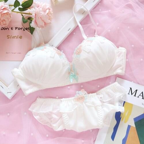 Japanese Sexy Lingeire Floral Push Up Bra and Panty Set Lolita Underwear Women Bralette Lace Wire Free Bra Panties Set White New