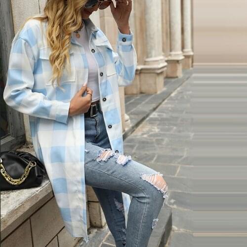 Plaid Print Loose Women Double Breasted Jacket Autumn V Neck Casual Pocket Outerwear Female Colorful Streetwear Long Sleeve Coat