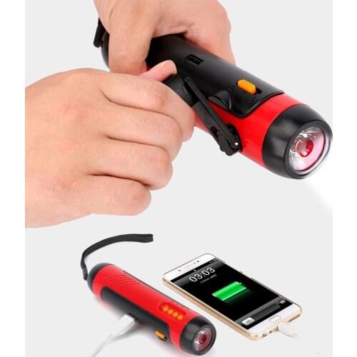 Multi Flashlight for Emergency Self-rescue Tool with 1800mAh Power Bank Voice Alarm FM Radio Hand Crank Dynamo Powered LED Torch