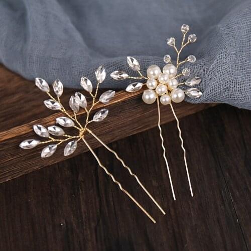 Fashion Glod Color Design Head Jewelry Pearl Rhinestone Hairpins Stick Crystal Bridal Hair Accessories Women Wedding Hair Clip
