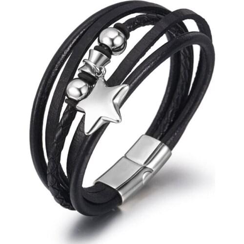 2021 New Style Hand-Woven Multi-Layer Combination Accessory Stainless Steel Mens Leather Bracelet Fashion Male Jewelry Wholesal