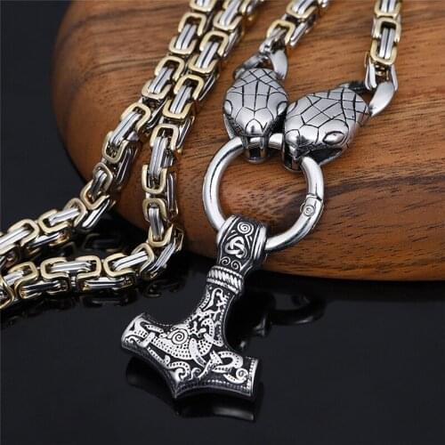 Nordic Snake Head Men Necklace Viking Never Fade Stainless Steel Pendant Norse Amulet thor hammer Accessories King Chain Jewelry