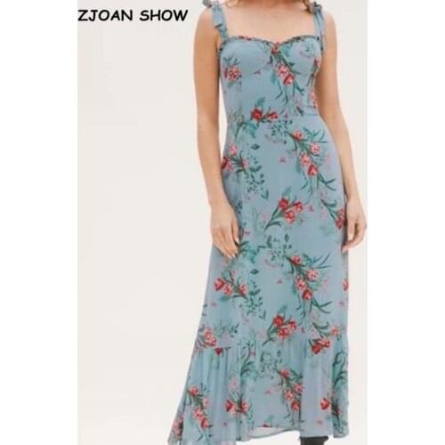 Vintage French Women Dress Ruffle Wood ears Floral Print Tie bow Elastic Spaghetti Strap Mid-Calf Dresses Holiday Female Clothes