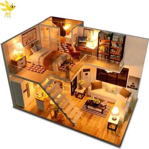 Assemble DIY Wooden House Dollhouse Kit Wooden Miniature Doll Houses Miniature Dollhouse Toys With Furniture LED Lights Gift