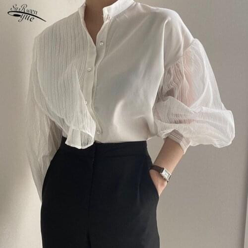Top Stand Collar Clothes Bubble White Womens Korean Simple Fashion Mesh Shirt Loose Sexy Perspective Long Sleeve Blusas 11256
