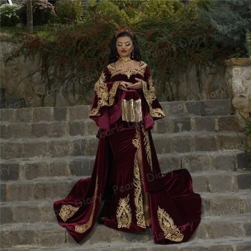 Dubai Burgundy Muslim Mermaid Evening Dresses with Overskirt 2021 Long Sleeves Velour Gold Lace Formal Dress Arabic Prom Gowns