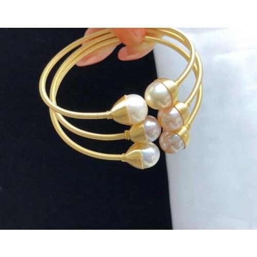Vintage Gold-filled Wire Hand Handmade Baroque Pearl Bangles Double Keshi Pearl 9-10mm Natural Pearl Bangle Jewelry Gifts