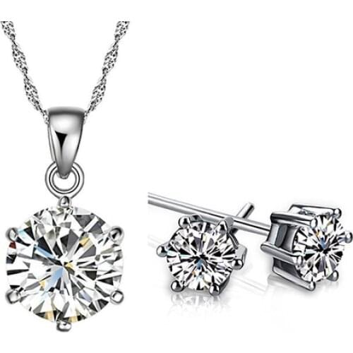 Women Wedding Party Cubic Zirconia Pendant Necklace Stud Earrings Jewelry Set