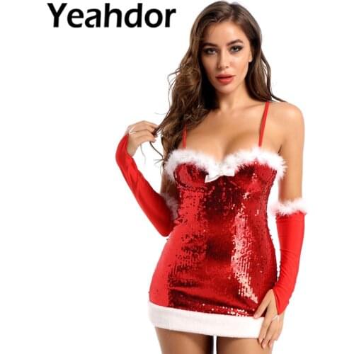 S-XL Women Ladies Sexy Christmas Dress Winter Santa Costume Cosplay Outfits Dresses for Women for Xmas Party Faux Fur 4Pcs Sets