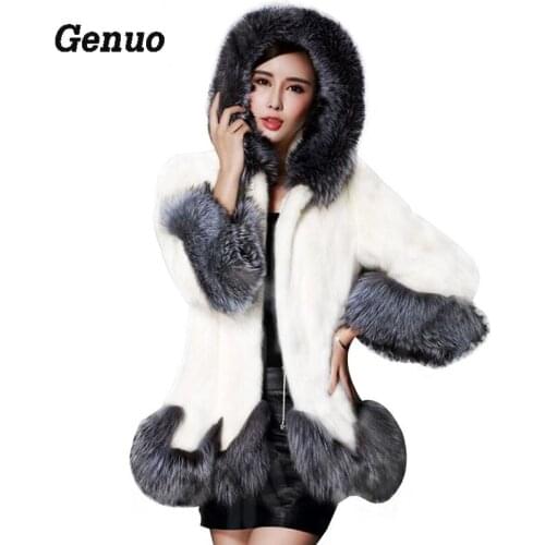 Winter Faux Fur Coat Women Fox Fur Collar Hooded Mink White and Black Fur Coat Medium-long Overcoat Genuo Luxury Winter Coat